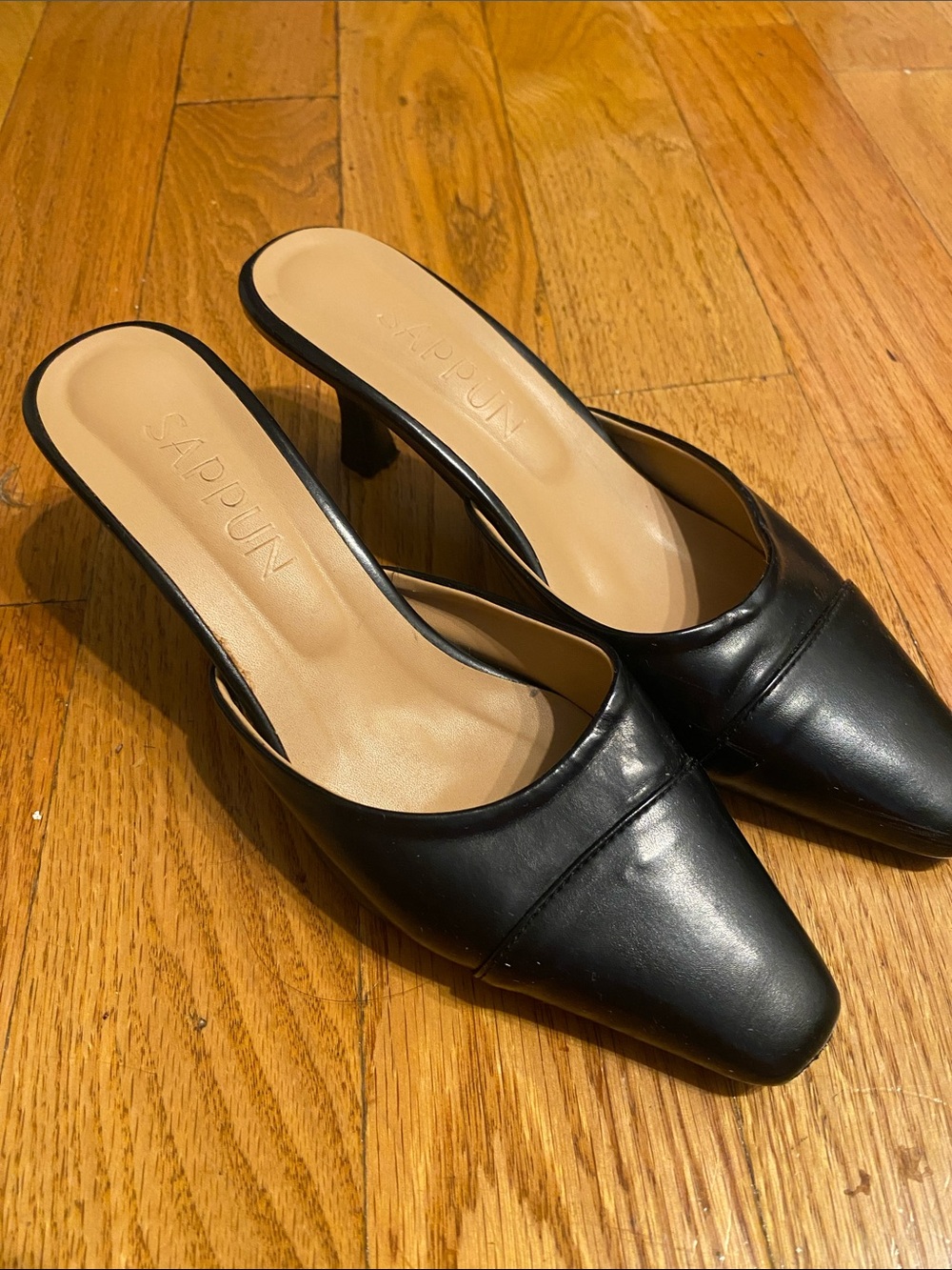 Black Leather Square-Toe Mule Kitten Heels 7